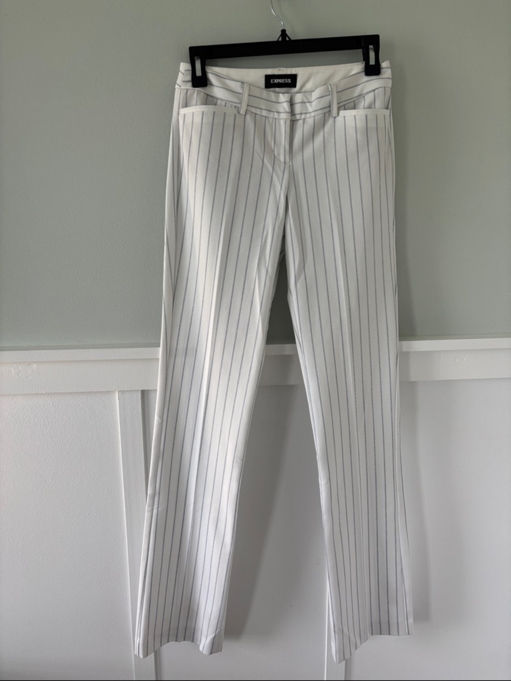 Express White Pinstripe Trousers with Navy Stripes- Barely Boot Columnist 00L
